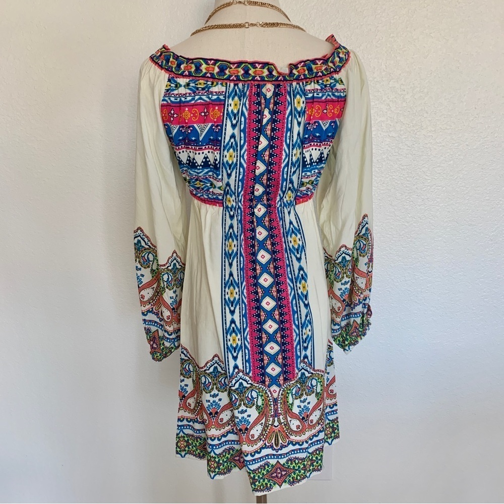 πΌ Cream Off-White Tribal Bohemian Boho Paisley Print Peasant Dress - Picture 5 of 16